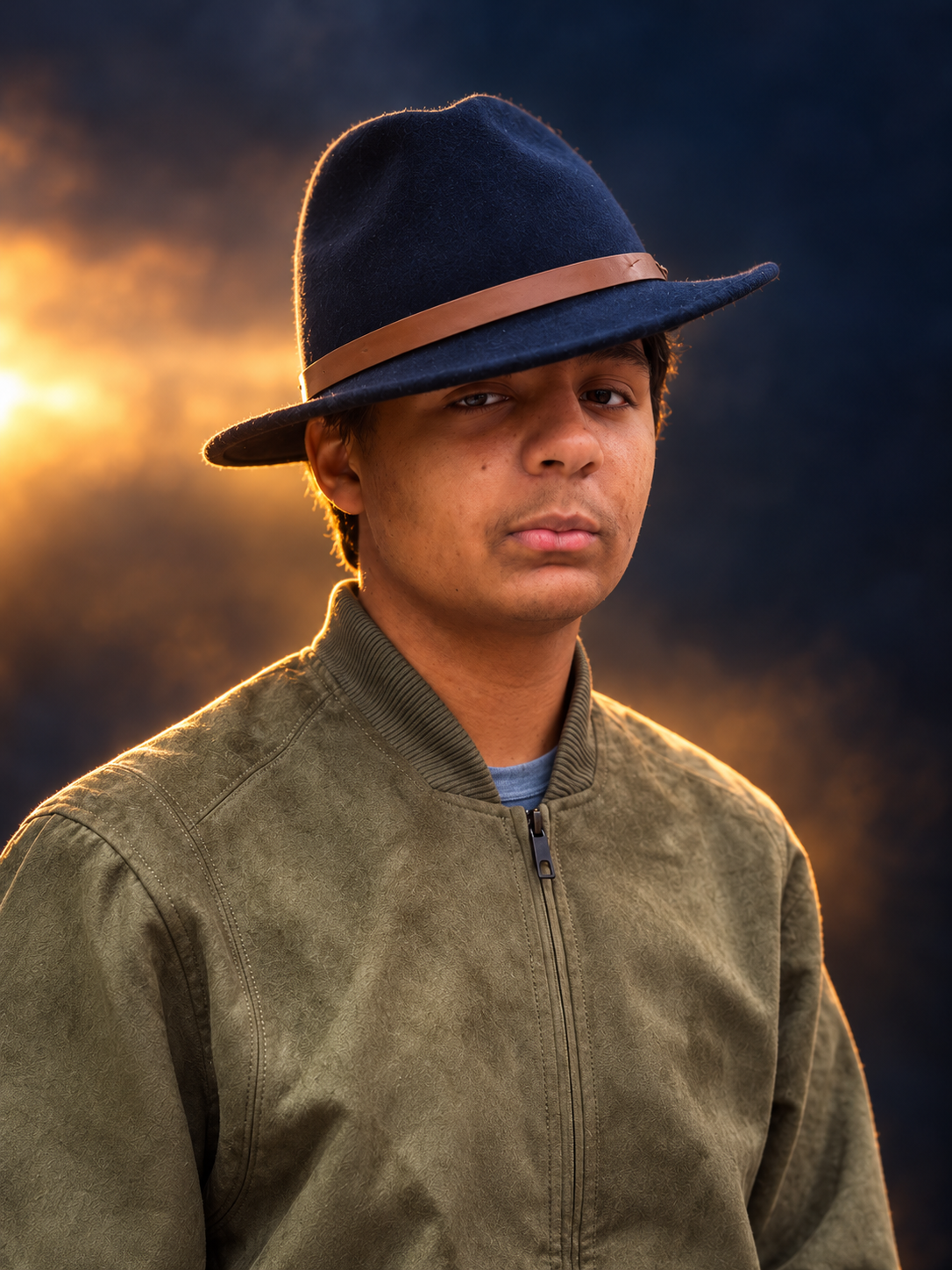 Princeton Bryan in a cinematic artist portrait with navy hat and warm gold lighting